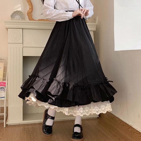 Saias japonesas de cor sólida de cor sólida dupla camada vintage francesa agitada saia A-line Hepburn estilo preto branco meia fêmea longa