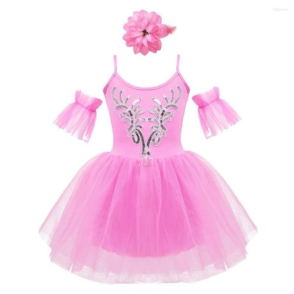 Bühnenkleidung Kinder Dancewear Spaghettiträger Pailletten Mesh Mädchen Ballett Tutu Kleid mit Armärmeln Set Kind Performance Tanzkostüm