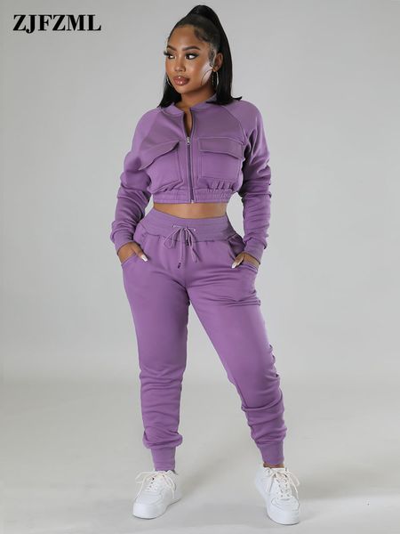 Frauen zweisteuelhafte Hosen Sporty Jogging Suits Tracksuits Reißverschluss UP Long Sleeve Crop Sweatshirt und Drawtring Taille Training Hosen 230209 230209