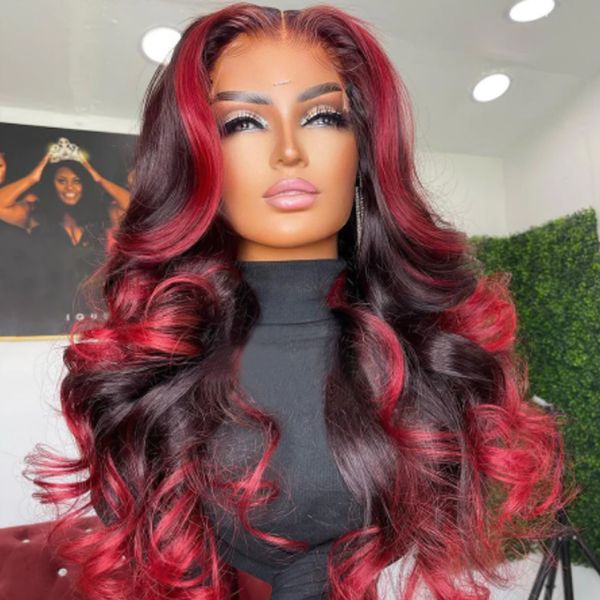 Парики из человеческих волос Highlight Ombre Red Colored Body Wave Lace Front Wig для чернокожих женщин Burgundy Highlights Long Wavy With Baby 230210