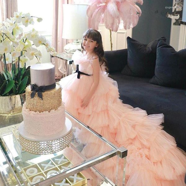 Abiti da ragazza Abiti da ragazza di fiori a strati a strati alti e bassi Abiti da spettacolo in tulle Abiti lunghi con volant rosa per bambini Vestidos di compleanno per bambini