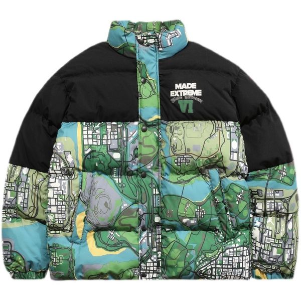 Giubbotti da uomo Cappotto invernale caldo Patchwork Mappa vintage Vernice digitale Harajuku Pane Oversize Parka maschile Abbigliamento 230210