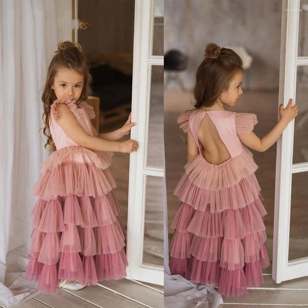Kız elbiseler mvozein a-line güzel pembe çiçek çocuk gradyan tül katmanları balo elbise sırtsız kılıf ünlü