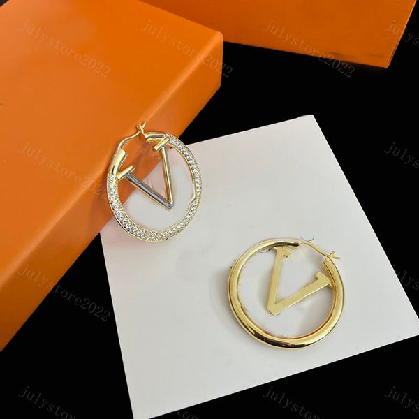 Orecchini a cerchio da donna Orecchini a cerchio firmati V 4cm Orecchini a cerchio grande Orecchini a cerchio in argento Orecchini con diamanti Orecchini a forma di lettera di moda di lusso con borchie in oro con scatola