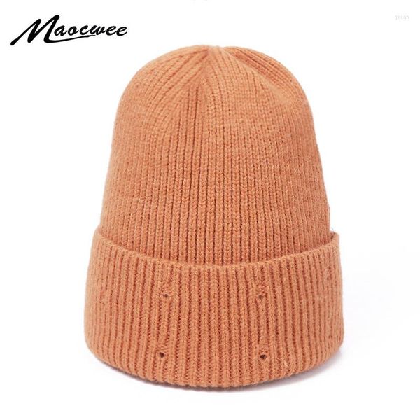 Bérets Hiver Laine Tricoté Chapeau Couleur Unie Tendance Crochet Bonnet Bonnet En Plein Air Coupe-Vent Chaud Bonnet Chapeaux Trou Mode Ski Caps