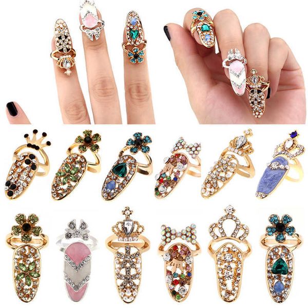 Solitaire Ring Rhinestone Fingernail Bowknot Tırnak Tahrimi Taç Çiçek Kristal Parmak S Kadınlar için Lady Koruyucu Moda Takı Y2302