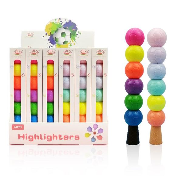 Highlighters 24 Box/lote de futebol criativo Highlighter Kawaii Mini 6 Cores Desenho Pintura Marcador Arte Escola de caneta Presente de papelaria