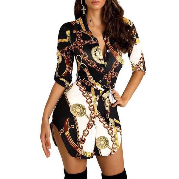 Plus size 3xl 4xl Casual Lapel Neck Dresses Women Lace Up Dress Dress Down Chain Impresso Skirt Sexy Bandage