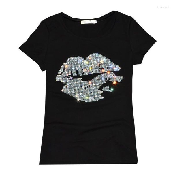 Kadın Tişörtleri Top Satış Gömlek Kadınlar Yaz Kısa Kollu Moda Seksi Dudak Kristal O Boyun Yumuşak Pamuklu bayanlar Tee Fildwomen's B