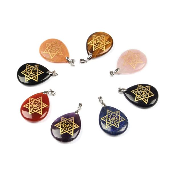 Collane con ciondolo Pietra naturale Incisione Esagramma Sei parole Mantra Sanscrito Collana a forma di goccia d'acqua Reiki Healing Crystal Religion JewelryPe