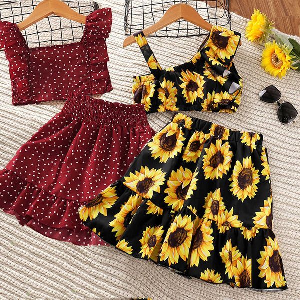 Conjuntos de roupas Teen Girl Beach Use ternos de sling Ruffle Midriffbaring blusa de girassol saia de verão roupas de férias de chiffon conjuntos de vestidos florais w230210