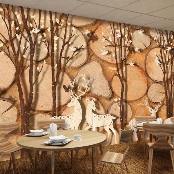 Sfondi Wellyu Nordic Forest Elk Abstract Wood Plank Grano Uccello TV Sfondo Muro Personalizzato Grande murale Carta da parati verde