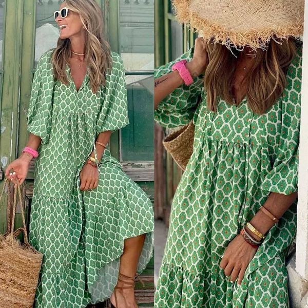 Abiti casual 2022 Estate Boho Abito lungo Donna Stampa floreale Manica a sbuffo Abiti maxi larghi Elegante scollo a V Abito da spiaggia per feste Abiti T230210