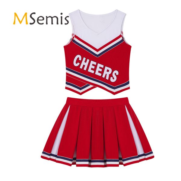 Cheerleading 2Pcs Bambini Ragazze Sport Vestito da ballo Costume da cheerleader Scollo a V Lettere senza maniche Cheers Stampa Gilet e gonna a pieghe Set Outfit 230210