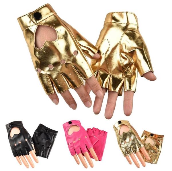 PU-Lederhandschuhe Bühnenkleidung Party Clubwear Damen Punk Kurzhandschuh Mode Sexy Herzausschnitt Halbfinger Fitness Fäustlinge Gold Silber Schwarz