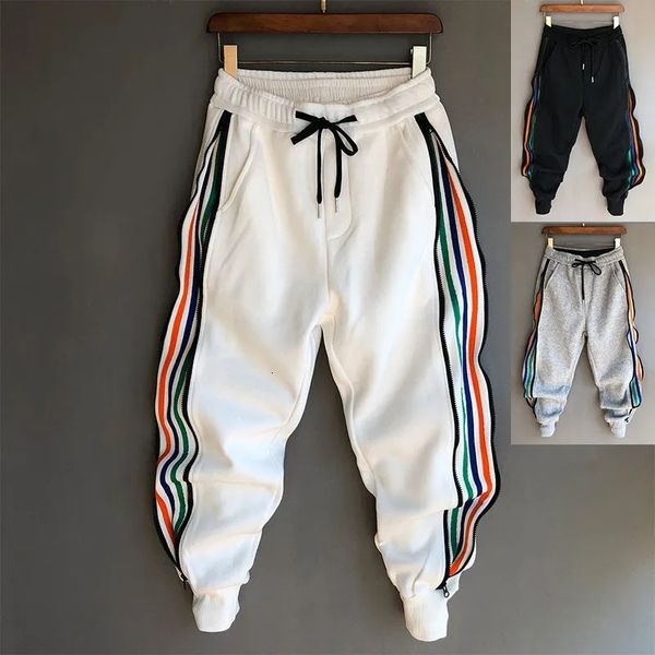 Calças masculinas Homme Fashion Hip Hop Streetwear Men listrado de retalhos de harém