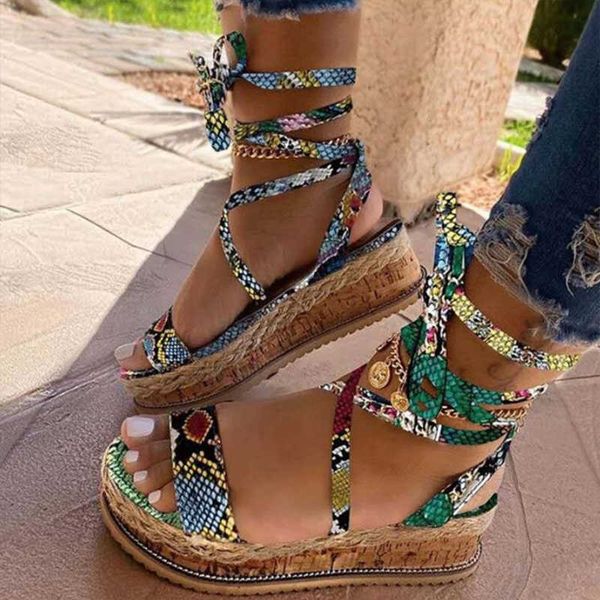 Hausschuhe Damen Römische Sandalen Leopardenmuster Ethnischer Modedruck Plattform Cross-Tie Open Toe Strandschuhe Lässige Keilabsätze Übergröße 43 R230210