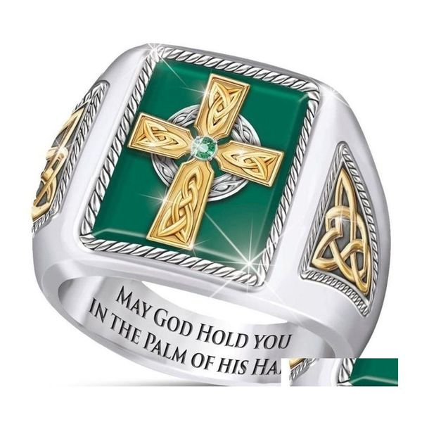Ringos de cluster Irlanda Celtic Blessing Ring Cross Av￳ Green Male Drop Drop Entrega J￳ias DHWG8