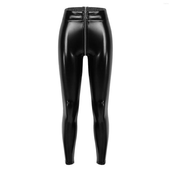 Leggings da donna Pantaloni skinny in pelle verniciata da donna Pantaloni da motociclismo slim fit lucidi Rave Festival Clubwear Pantaloni con cerniera sul cavallo aperto