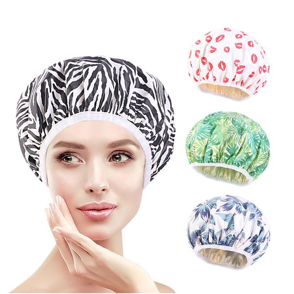 Capinha de chuveiro impermeável Tampa de cabelo de dupla camada EVA Elastic de espessura para mulheres chapéu de banho Spa reutilizável Capato de cetim Fashion novo