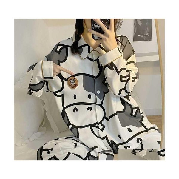 Домашняя одежда Qweek Пижамы с принтом коровы, комплект из двух предметов, осенние пижамы, женская хлопковая милая одежда, пижамы, одежда для сна в японском стиле Kawaii Dhrl