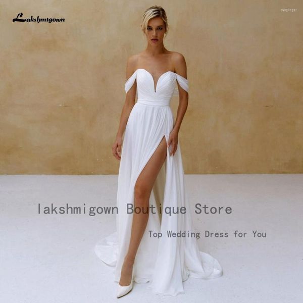 Abito da sposa Lakshmigown Puffy Chiffon Long Beach Off The Shoulder Increspato Abito da sera sexy da sposa 2023 Robe Femme