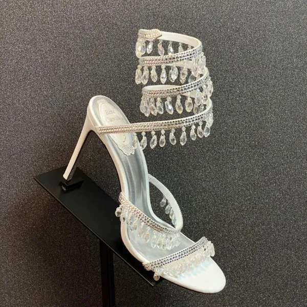 Rene caovilla Lampadario Sandali impreziositi da cristalli Tacchi a spillo in pelle Scarpe da sera da donna con tacco Designer di lusso Scarpe avvolgenti alla caviglia Calzature di fabbrica