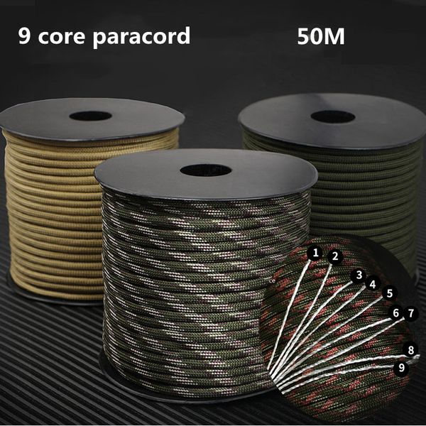 Cordas de escalada 50m 650 Militar Paracord 9 Strand 4mm Tático Cordamento de pára -quedas Acessórios para acampamento