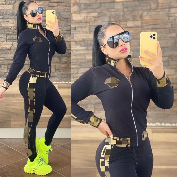 2023 zwei Stück Hosen Trainingsanzug Dame Outfits Frauen Casual Print Zipper Jacke und Hosen Sets Freies Schiff