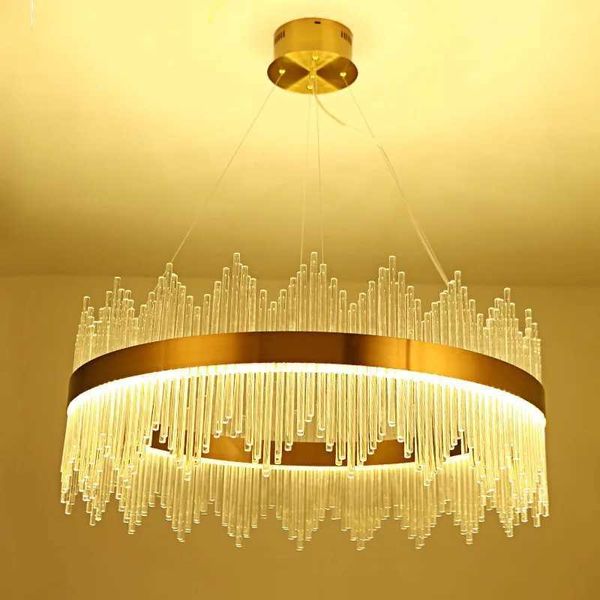 Luci Lampadario a soffitto rotondo moderno con asta di cristallo di lusso per soggiorno, camera da letto, ristorante, cucina, lampada a sospensione 0209