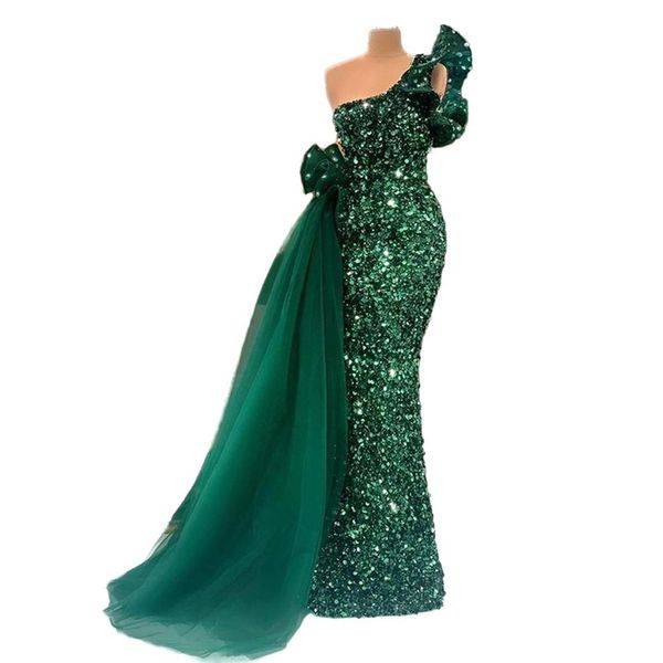 Elegante árabe verde escuro vestidos de noite formais glitter lantejoulas um ombro sereia vestido de baile peplum até o chão feminino brilhante 328a