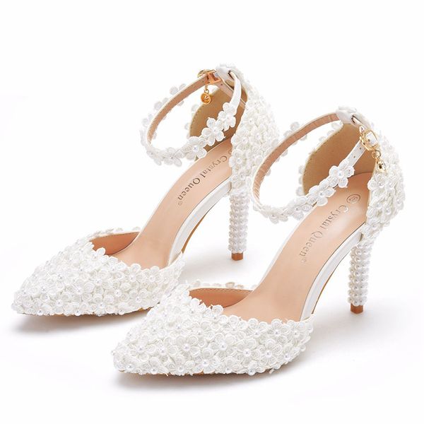 Sapatos de casamento de salto alto bico fino Salto estilete Princesa Sapatos de vestido formal Sapatos de cerimônia adulto Bombas de renda branca Tamanho 10