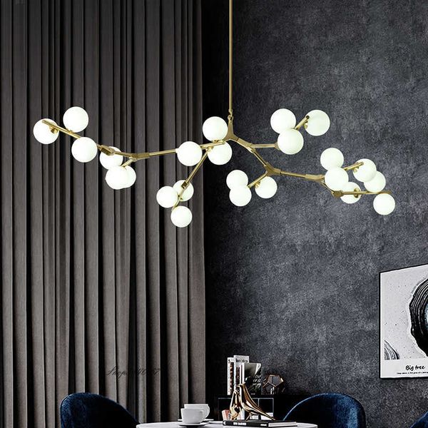 Luci Modo Lampadario a LED Rami in oro nero Lampadari a soffitto con sfere in vetro bianco latte Soggiorno Sala da pranzo Camera da letto Illuminazione Lustro 0209