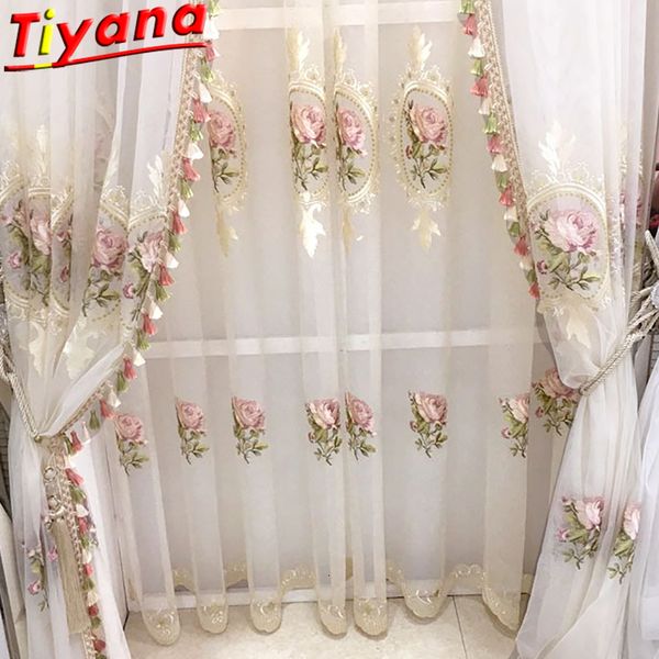 Transparente Vorhänge, luxuriöse weiße Stickerei-Blumen-Vorhänge für Wohnzimmer, chinesische klassische Pfingstrosen-Fenstergitter für Schlafzimmer, Quasten-Tüll, T 230209