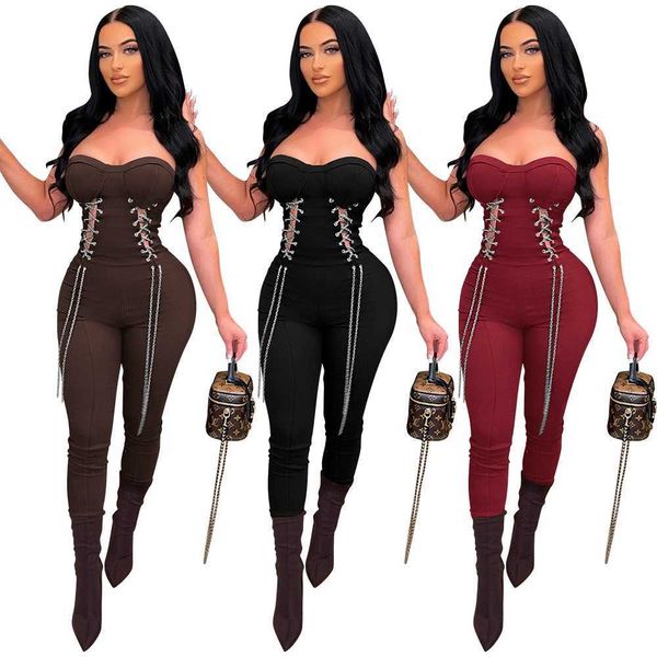 Frauen Overalls Designer 2023 Neue Slim Sexy Bh Seite Mais-auge Metall Kette Taille Bis Gerade Kragen Strampler 3 farben S-XXL