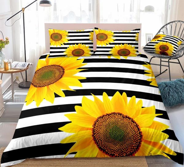 Bettwäsche-Sets, 3-teilig, gelbe Sonnenblumen, schwarz-weiß gestreift, Bettbezug-Set, Blumensteppdecke, Queen-Size-Bett, Sunflower King, Dropship 230210