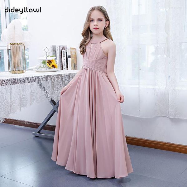 Mädchenkleider Dideyttawlawe Dusty Rose Chiffon Halfter plissierte Blume Junior Brautjungfer ärmellose Kindergeburtstagsfeierkleider