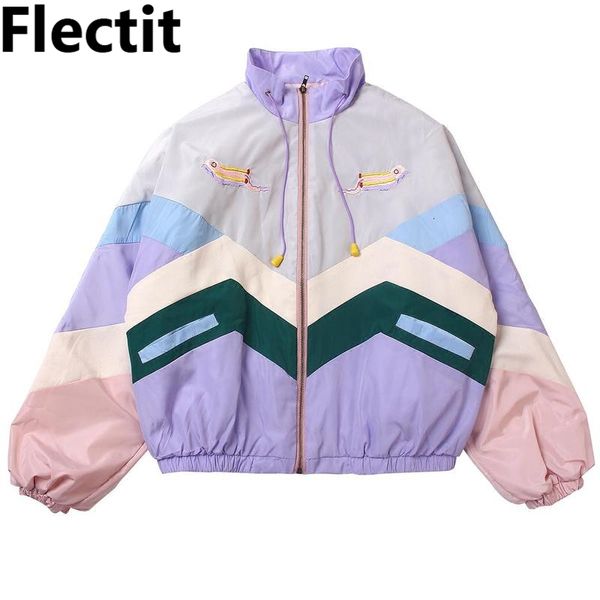 Damenjacken Flectit Damen Pastell Bomberjacke Niedliche Stickerei Farbblock Duster Souvenir Sukajan Jacke Japanische Mädchen Harajuku Stil * 230209