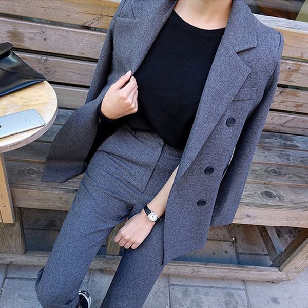 Womens duas peças calças de moda fatos de negócios uniformes jaqueta formal dupla e um longo conjunto de blazer preto 230209