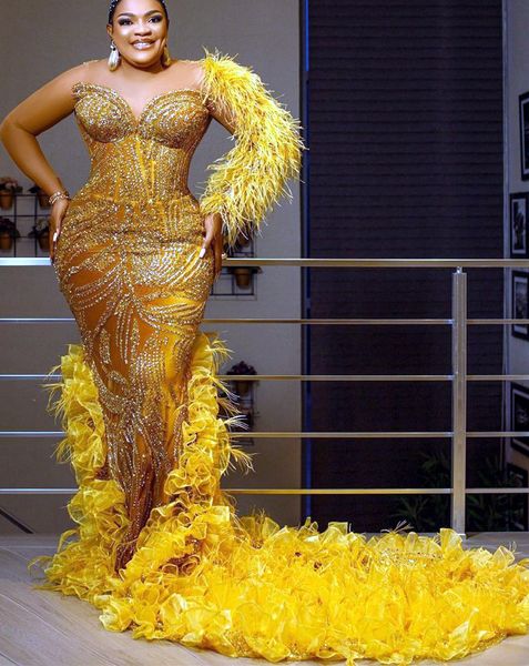 2023 Árabe Aso Ebi Amarelo Mermaid Prom Vestidos