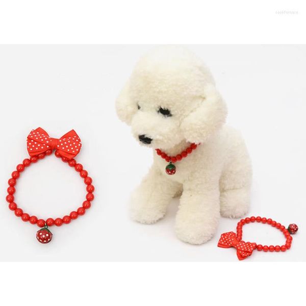 Collari per cani Collare per animali domestici Bowknot rosso Collana con perline a campana di fragola Forniture alla moda per gatti in tela premium
