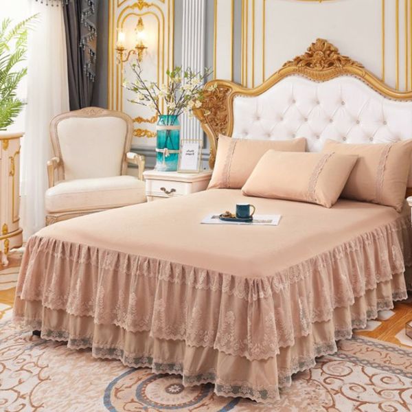 Saia de cama de câmara saia de cama de cama luxuoso princesa menina colaborizada rainha rei tamanho de primavera lençóis colchão capa de colchão de cama de cama com saia 230210