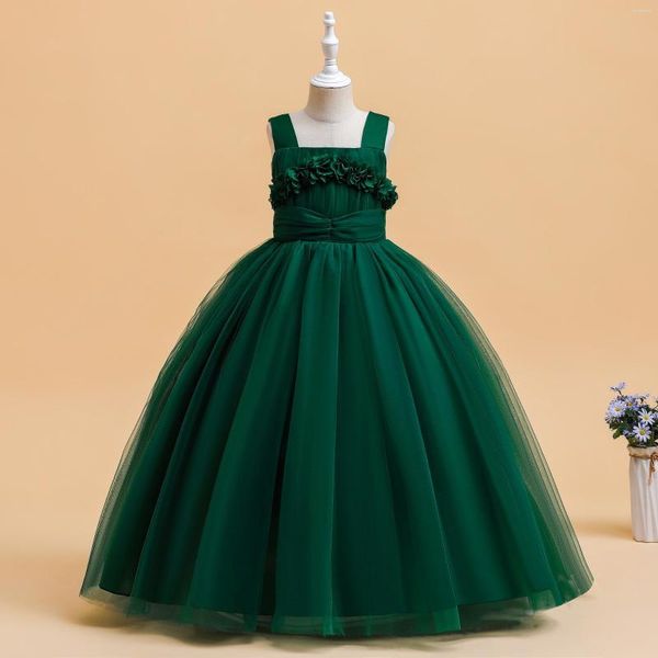 Vestidos de menina Tulle verde Primeira comunhão Princesa Flores feitas à mão noite noite de casamento longa traje de festa elegante para meninas