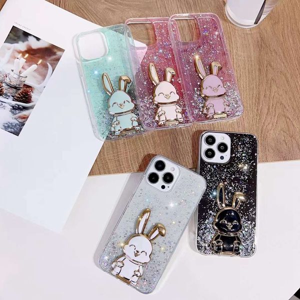 Custodie con cavalletto per coniglio 3D per Samsung A04 A14 A54 S22 Ultra Plus A13 M53 M33 A23 A73 A53 A33 A03 Core A13 Bling Glitter Lovely Animal Soft TPU Foil Porta coriandoli Cover