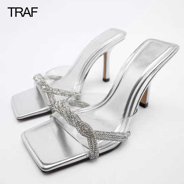 Sandálias Tarf sandálias de salto transparente Mulher saltos altos Sandálias femininas 2022 Bow slingback Rhinestone Party Sandals de salto alto G230211