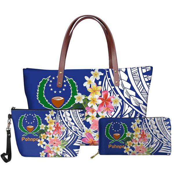 Abendtaschen Luxus-Handtaschen-Frauen-Tasche 3-teiliges Set Polynesian Pohnpei-Druck Sommer-Schulter- und PU-Leder-Geldbörse Große Reise-Geldbörse