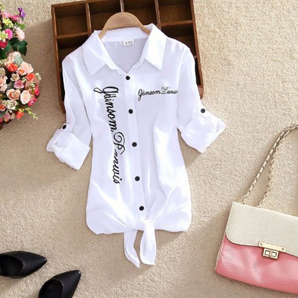 Blusas femininas camisas de mulheres camisas brancas blusas quimono top women letra de letra de lata de manga de colar de colarinho de colarinho de colar