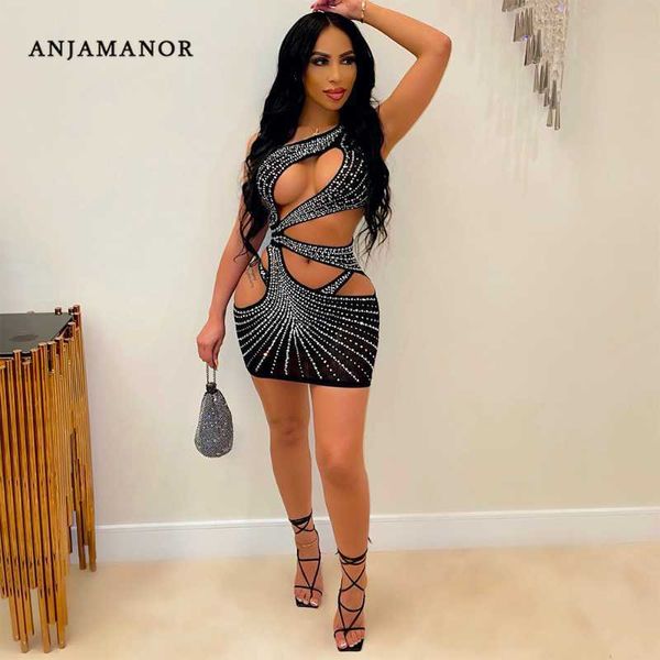 Vestidos casuais ANJAMANOR Sexy Mesh Cristal Bodycon Vestidos para mulheres Festa Night Club Outfits Curt Bandage Mini Dress Itens de Atacado D42EE22 T230210