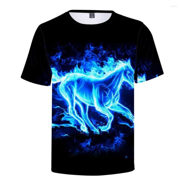 Camisetas masculinas de verão gracioso azul chama cavalo 3d impressão casual hip hop masculino t-shirt top top manga curta harajuku camisetas camisetas camisetas camisetas