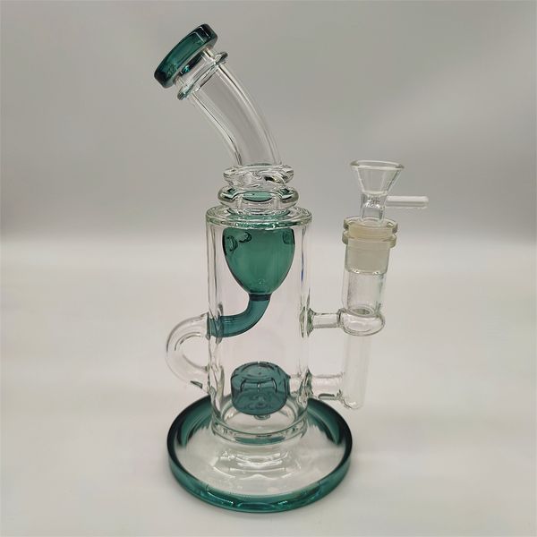 2022 Twin Chamber Pecork Green 9 pollici Narghilè in vetro Bong Dabber Rig Recycler Tubi Bong ad acqua Tubo di fumo 14,4 mm Giunto femmina con ciotola normale Wholsale